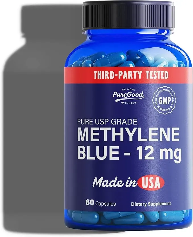 Blue bottle labeled “Methylene Blue 12 mg” with red “Third-Party Tested” band and visible capsules inside.