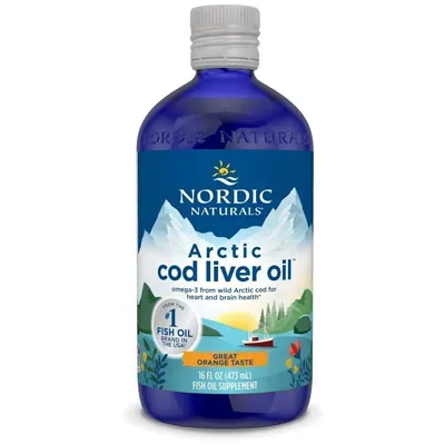 Blue bottle labeled “Nordic Naturals Arctic Cod Liver Oil” with mountain illustration and fish oil details.