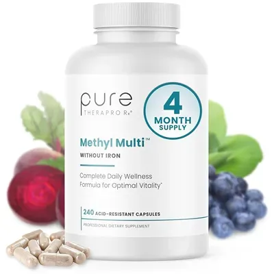 White bottle labeled “Cure Therapro Rx Methyl Multi” with capsules beside it and fruit images in background.
