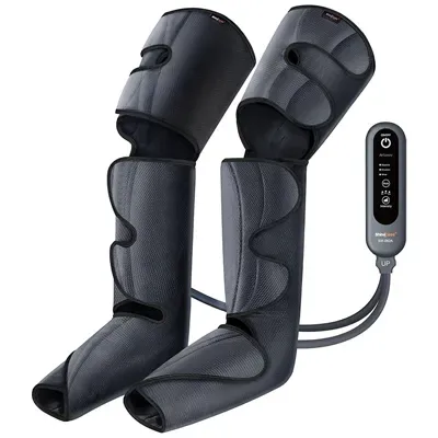 Pair of black leg compression sleeves connected by tubes to a handheld control device with buttons and display.