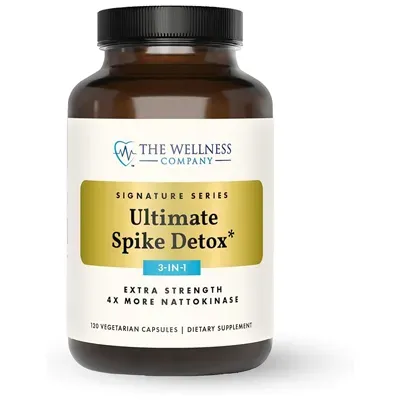 Brown bottle labeled “The Wellness Company Ultimate Spike Detox 3‑in‑1 Extra Strength” on a plain background.
