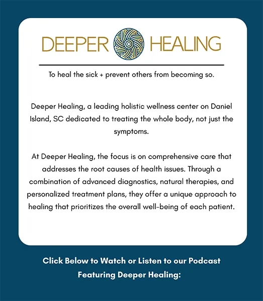 White card with “Deeper Healing” logo and paragraphs describing holistic wellness services and treatment approach