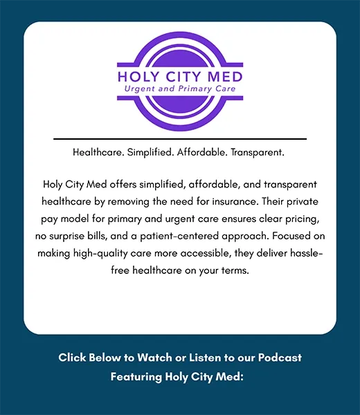 White card showing “HOLY CITY MED” logo with paragraph text about healthcare services and patient-centered care.
