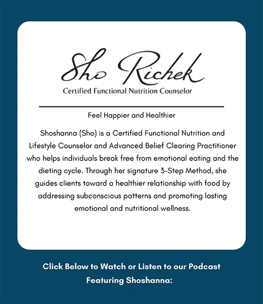 White card displaying “Sho Richek Certified Functional Nutrition Counselor” with descriptive paragraph text below