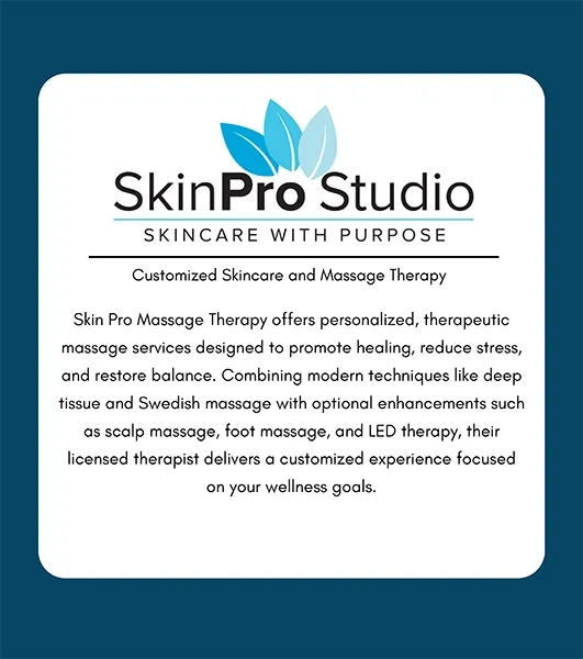 White card showing “SkinPro Studio Skincare with Purpose” logo and paragraph about skincare and massage therapy services.