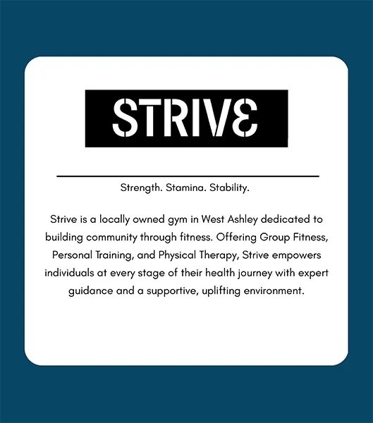 White card with “STRIVE” logo and paragraph text describing strength, stamina, stability, and fitness services.