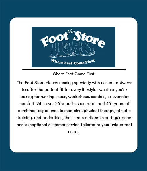 White card displaying “The Foot Store” logo and paragraph text describing footwear services and experience.