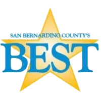Gold star badge with blue text reading “San Bernardino County’s BEST” centered on a transparent background.