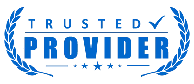 Blue badge with laurel branches and stars, displaying the words “TRUSTED PROVIDER” in bold capital letters.
