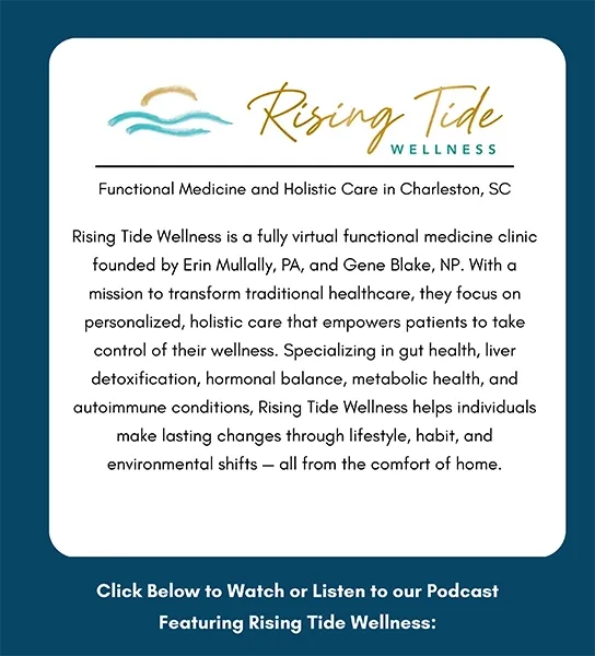 White card with “Rising Tide Wellness” logo and text describing functional medicine services in Charleston, SC.